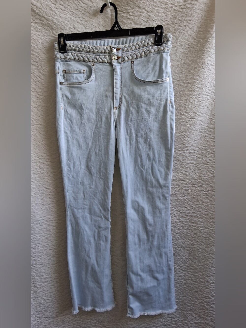 Veronica Beard 12" Kick Flare Light Blue Straight-Leg Jeans with Braided Waist